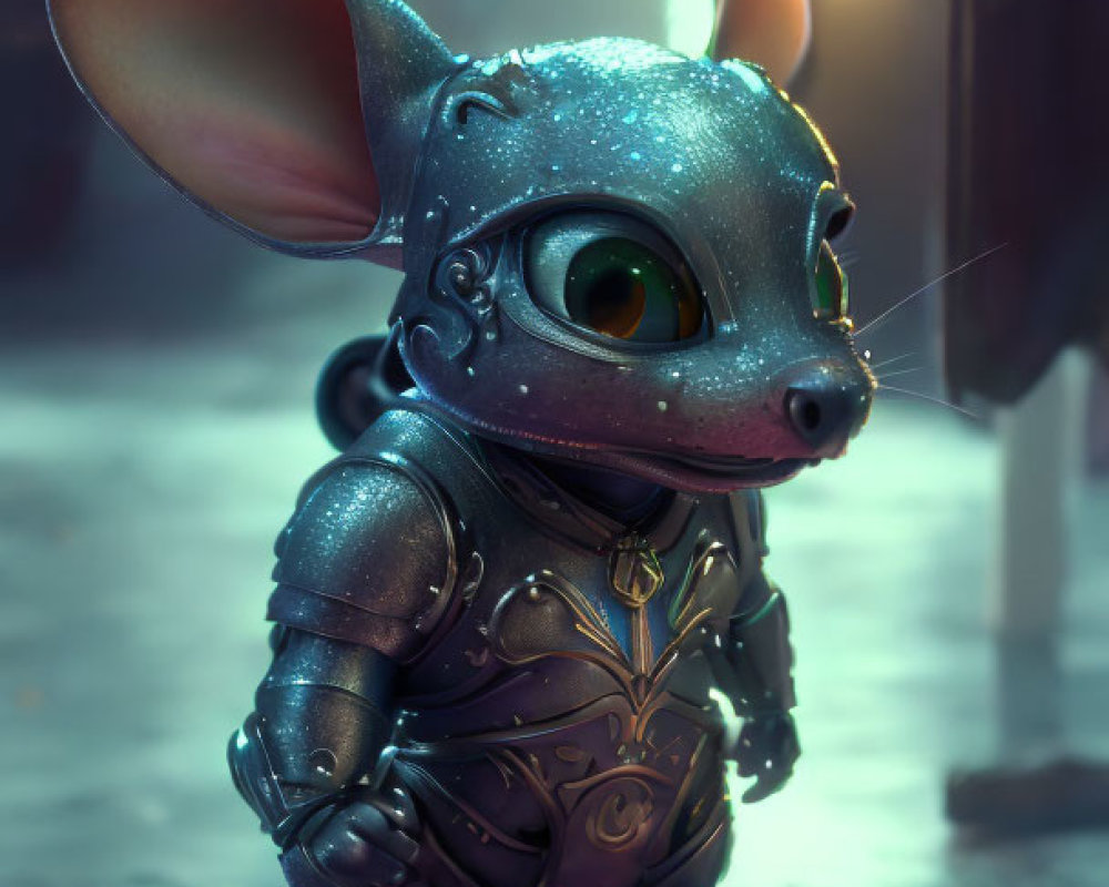 Armored creature with large ears and eyes on wet urban street