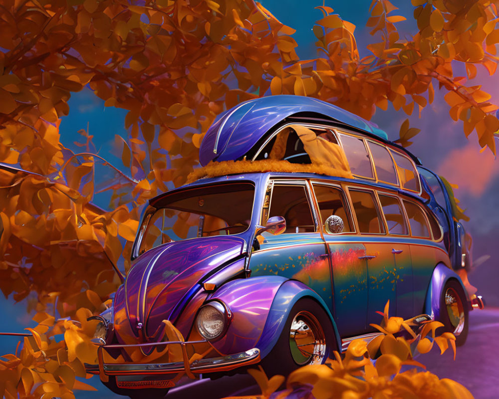 Colorful vintage van parked under autumn leaves at twilight