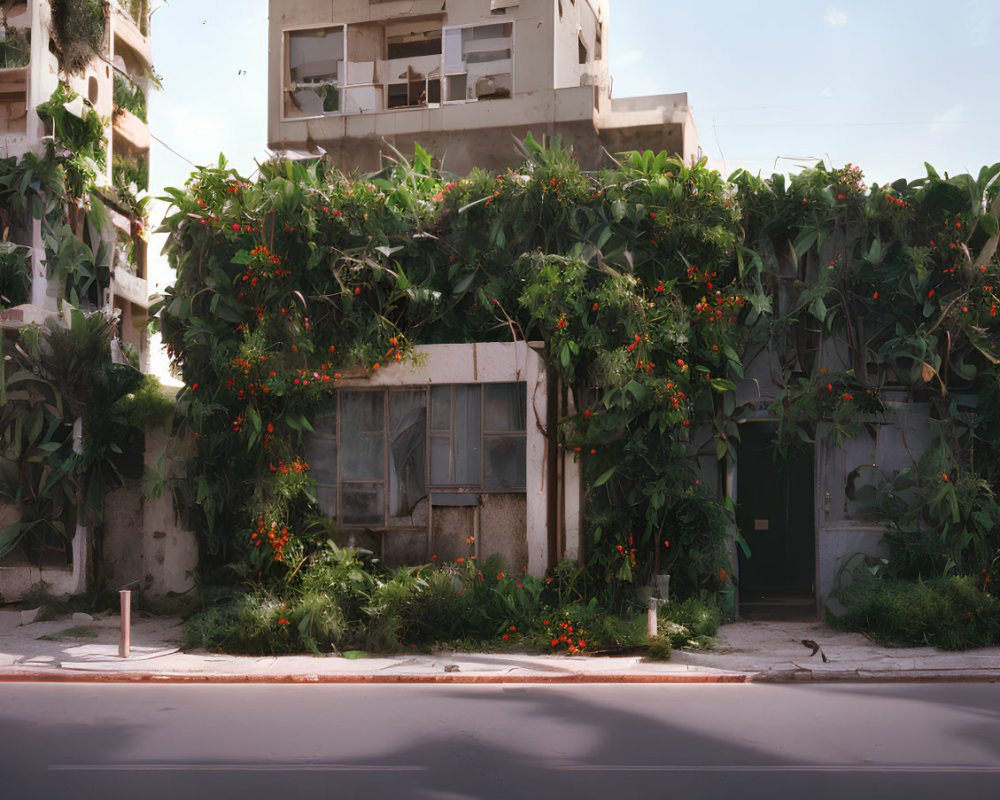 Overgrown building with green foliage and orange flowers near stark apartment blocks