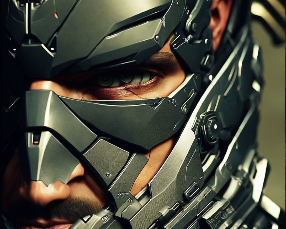 Detailed Close-Up of Person in Futuristic Armored Helmet