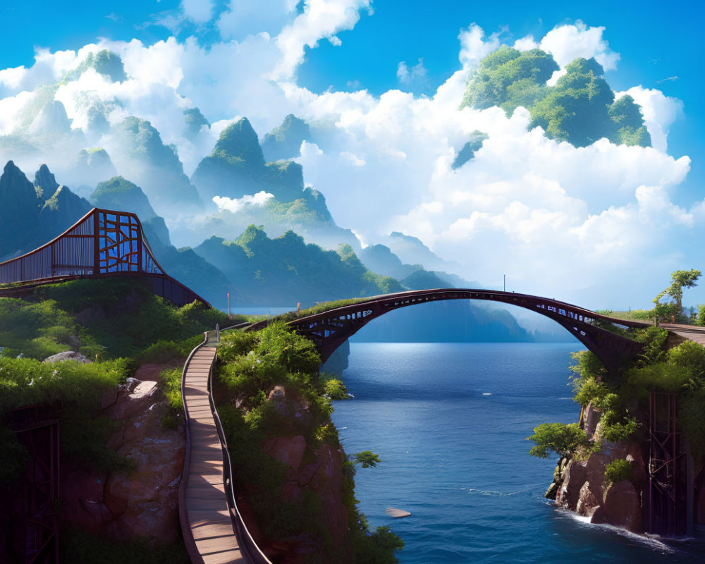 Scenic landscape: winding road, arched bridge, lush mountains, blue sea, fluffy clouds