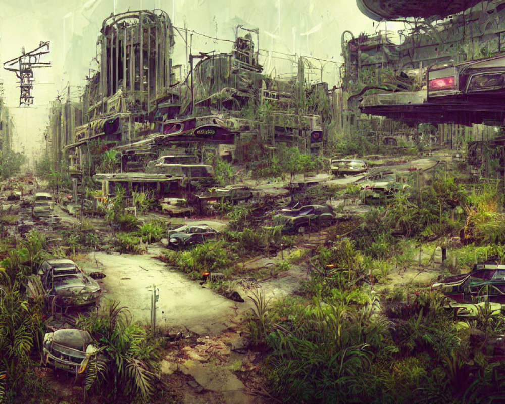 Abandoned post-apocalyptic cityscape with overgrown vegetation