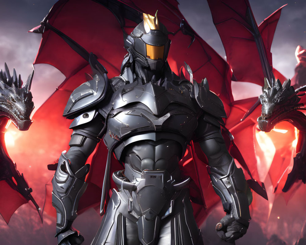 Silver-armored knight faces two red-winged dragons in a fantasy setting