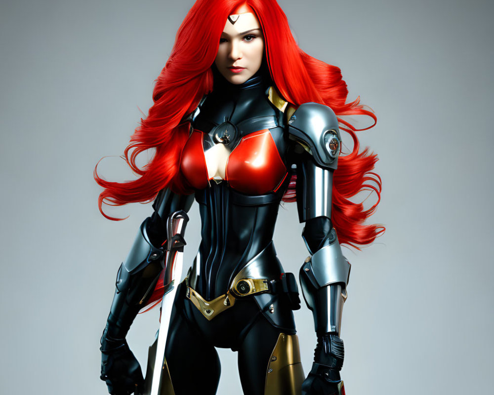 Female character in red hair and futuristic armor wields a sword confidently