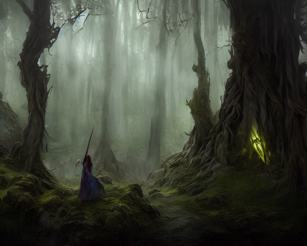 Enchanted forest scene with figure in purple cloak and glowing green light