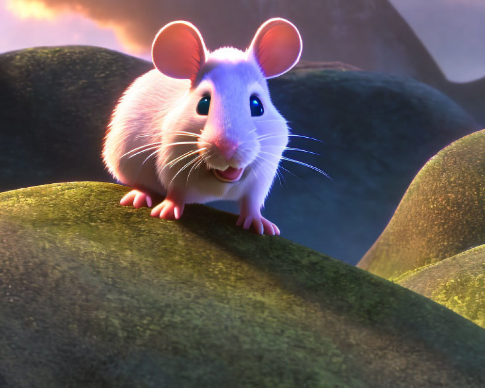 Animated mouse with pink ears on mossy rock at sunset