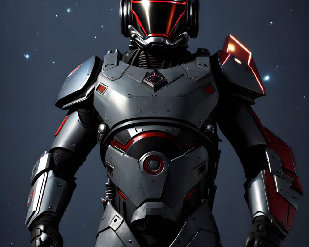 Futuristic black and red robot in armor under starry night sky