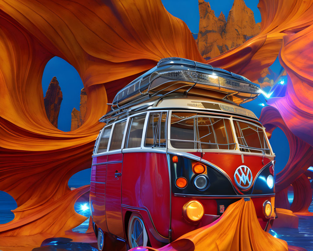 Vintage Volkswagen bus in surreal orange canyon with blue energy and rocky spires