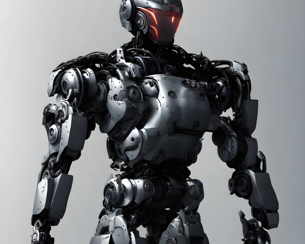 Detailed humanoid robot with sleek metallic body, red visor, and intricate mechanical design