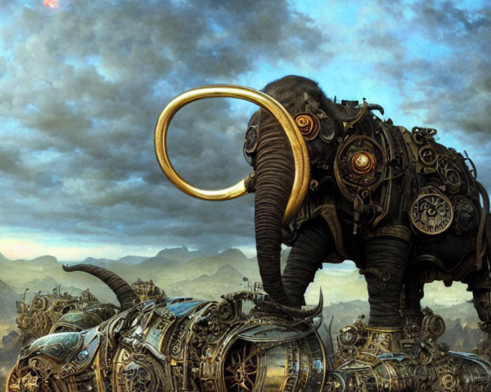 Digital Artwork: Mechanical Elephant with Gears & Metal Plates on Dramatic Sky & Mountains