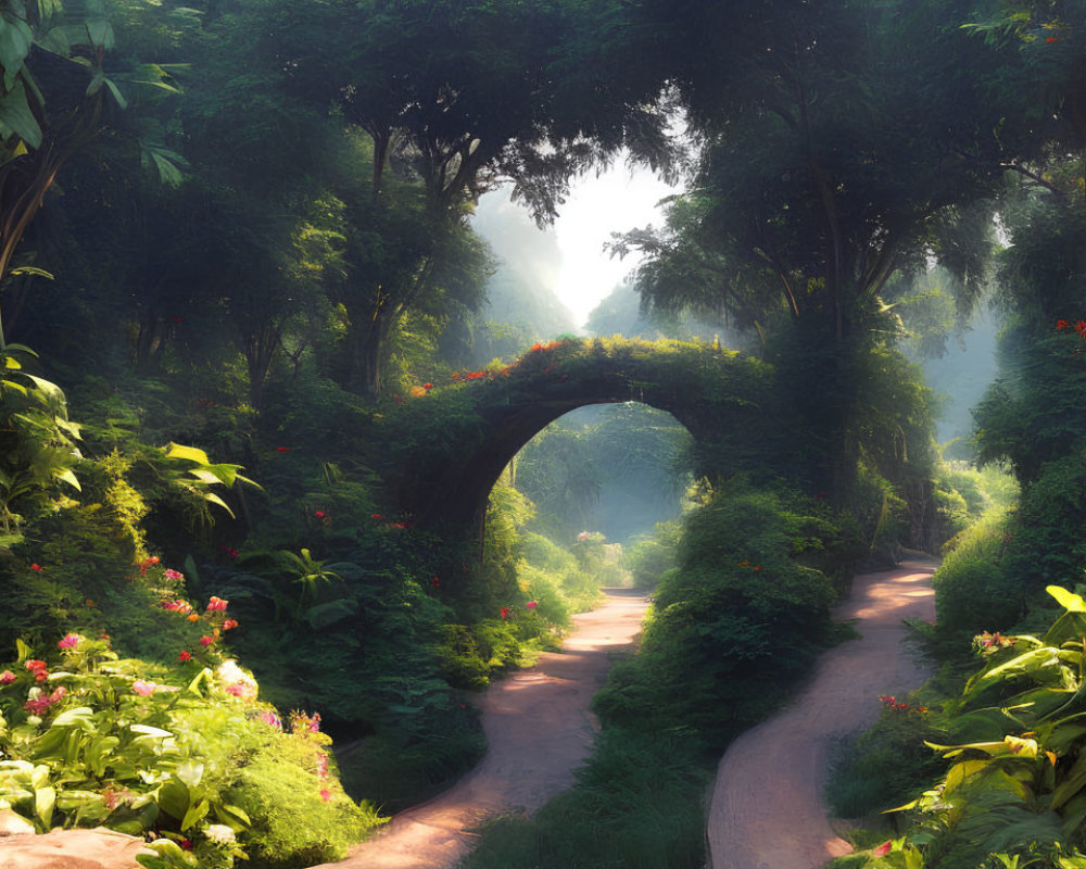 Sunlit Pathway Through Lush Forest with Green Foliage and Colorful Flowers