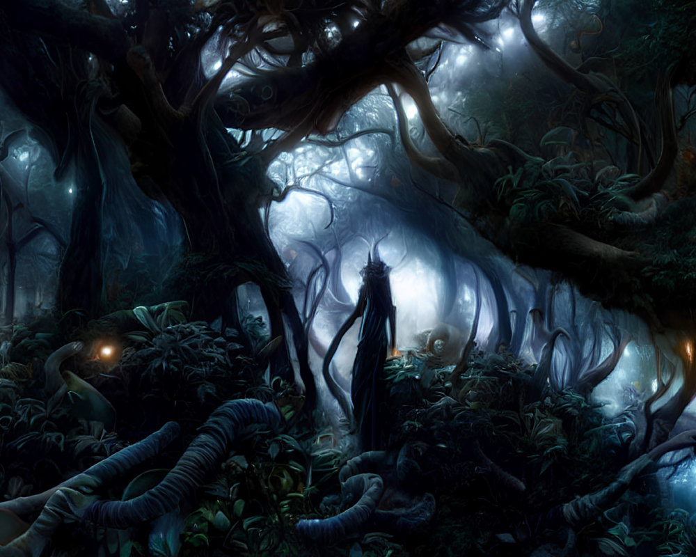 Ethereal forest scene with shadowy figure and glowing eyes