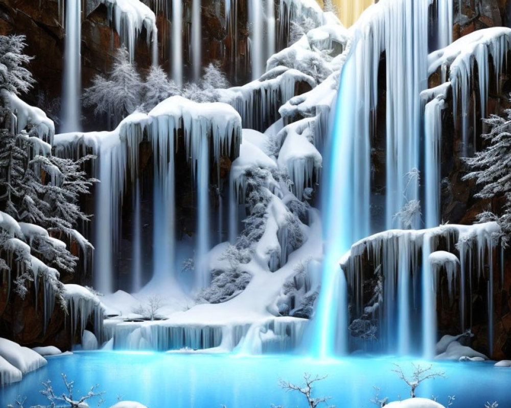 Winter Waterfall Landscape with Ice Formations and Snow-covered Rocks