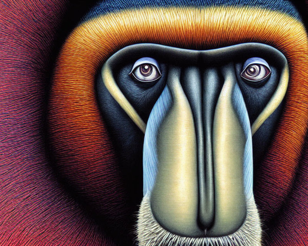 Vibrant mandrill face with blue and red nose, golden eyes, and textured fur