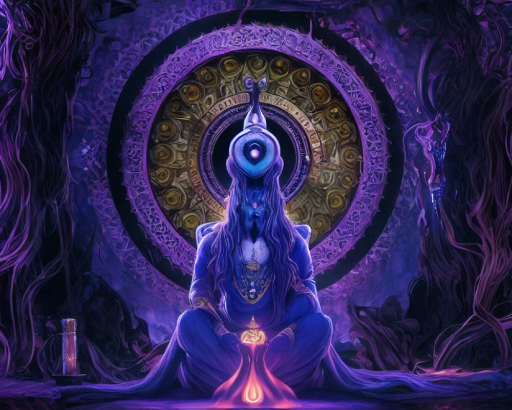 Blue-skinned figure meditating with pink orb near golden wheel in mystical setting