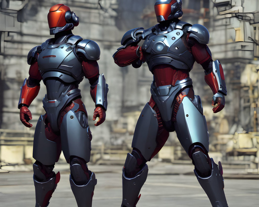 Futuristic robots in sleek armor in industrial setting