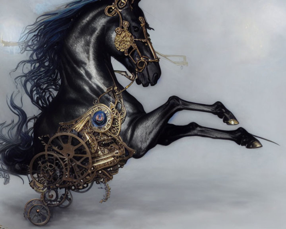 Majestic black horse with steampunk-style mechanical leg in foggy setting