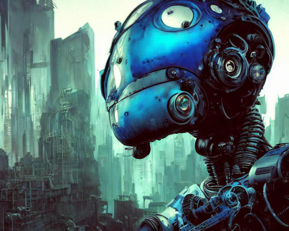 Blue futuristic robot in dystopian cityscape with skyscrapers