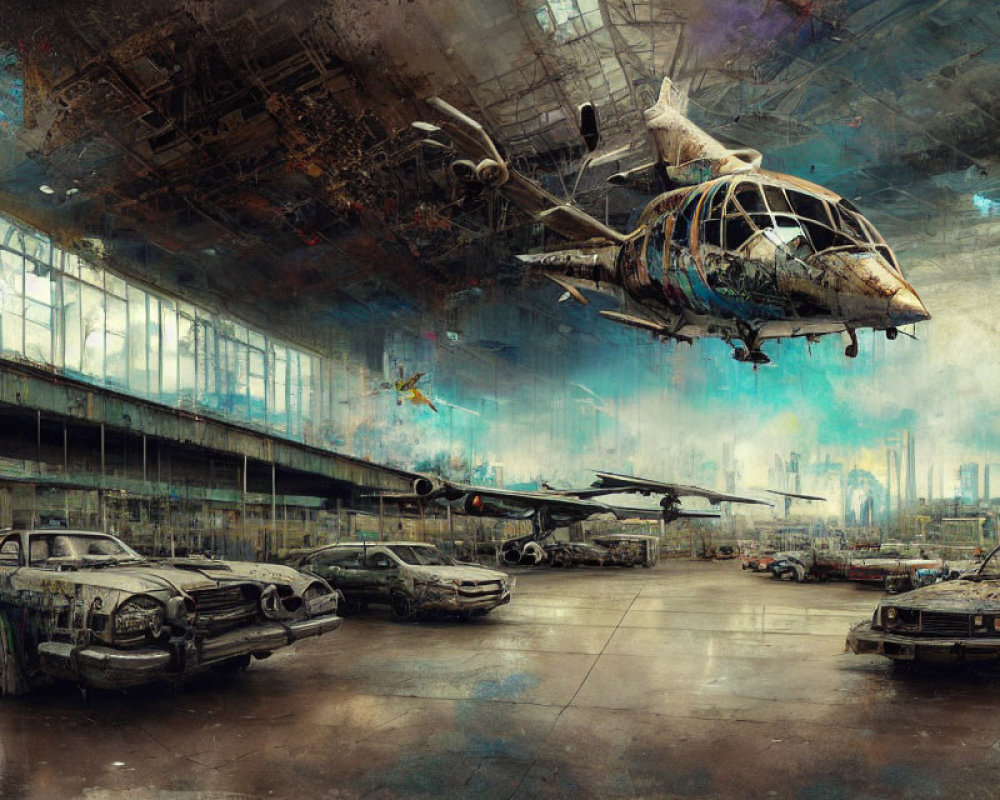 Decrepit Hangar with Dilapidated Helicopters and Classic Cars in Dystopian Setting