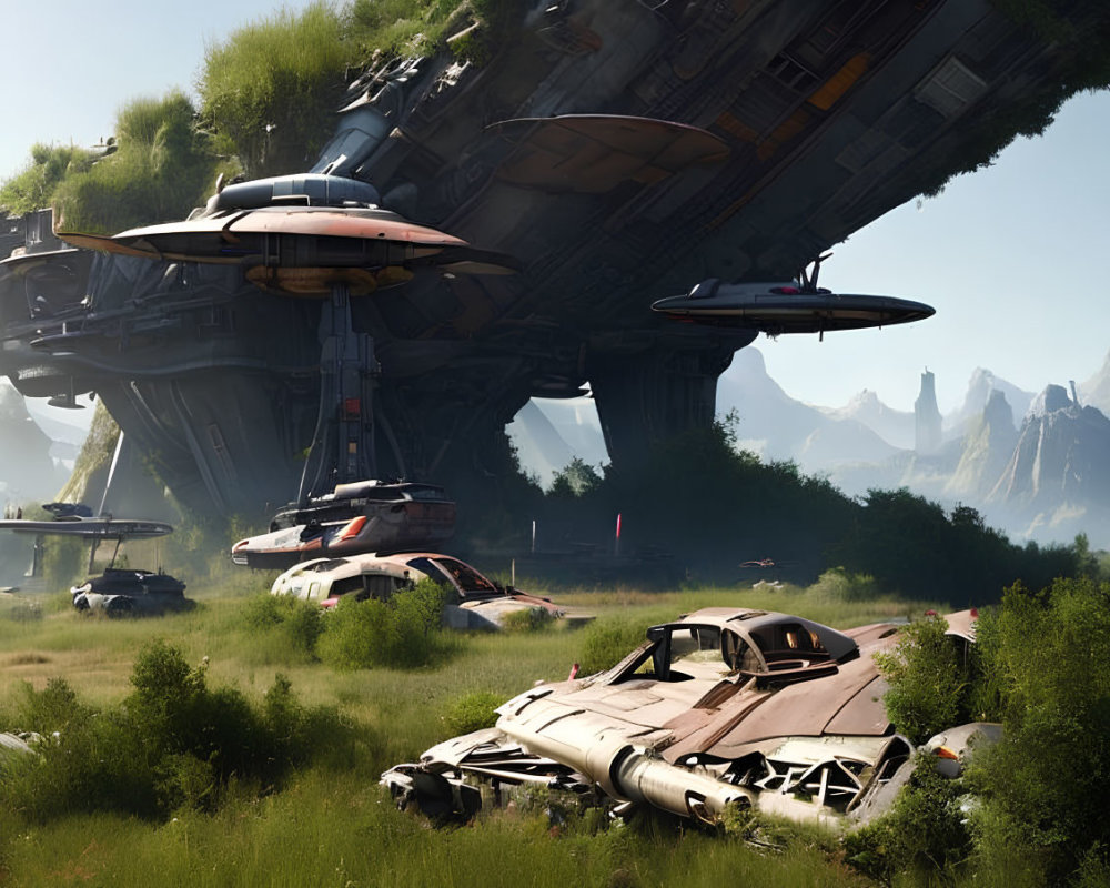 Futuristic crashed spaceship in serene overgrown landscape