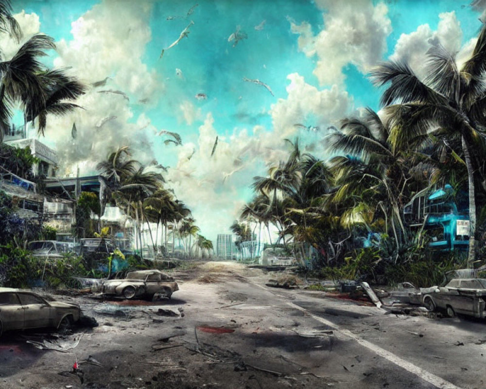 Abandoned post-apocalyptic street with overgrown cars and palm trees