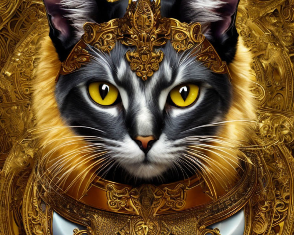 Majestic cat in ornate golden headgear and armor on intricate background