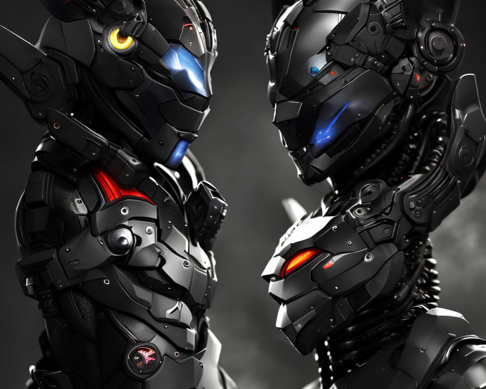 Detailed futuristic robotic heads with glowing eyes and intricate designs on dark backdrop