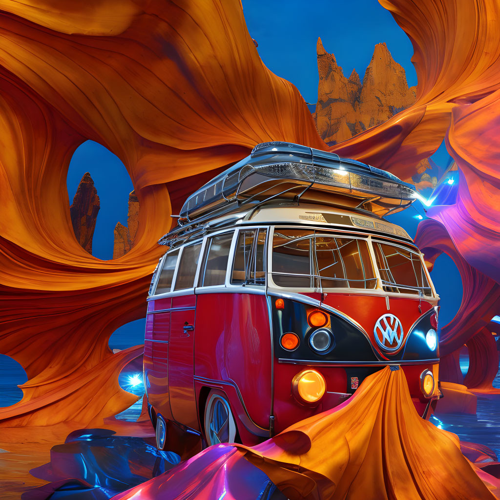 Vintage Volkswagen bus in surreal orange canyon with blue energy and rocky spires