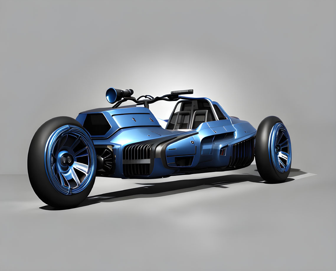 Futuristic blue race car with exposed wheels and roll bar