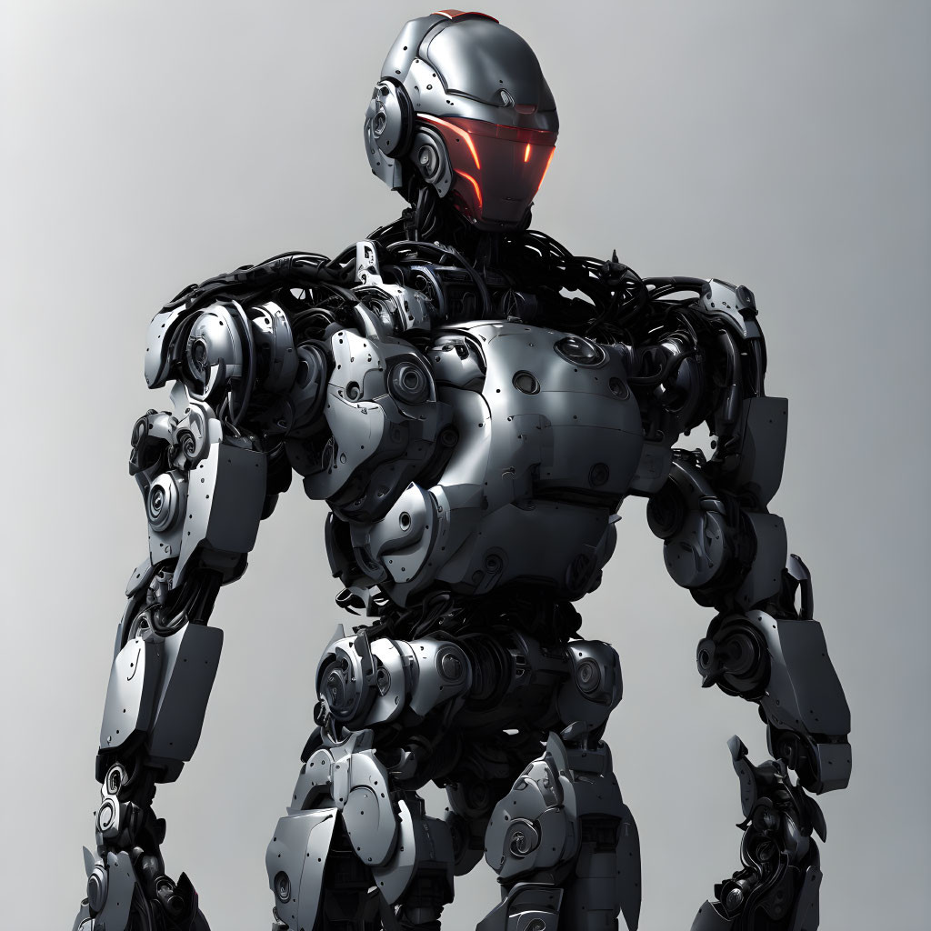 Detailed humanoid robot with sleek metallic body, red visor, and intricate mechanical design