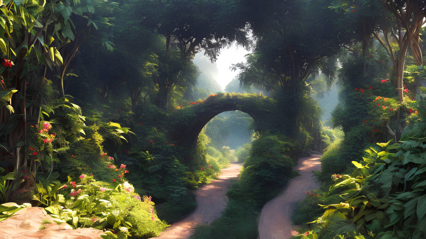 Sunlit Pathway Through Lush Forest with Green Foliage and Colorful Flowers