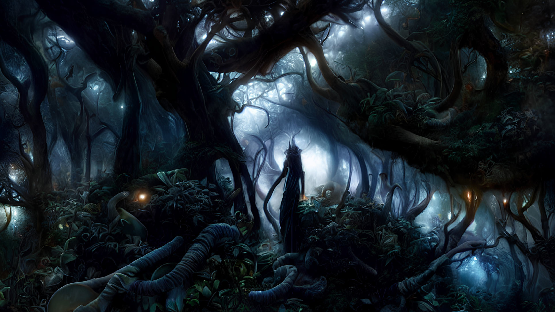 Ethereal forest scene with shadowy figure and glowing eyes