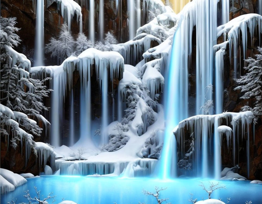 Winter Waterfall Landscape with Ice Formations and Snow-covered Rocks