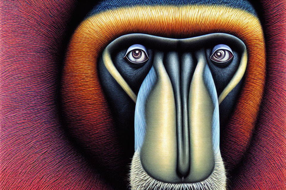 Vibrant mandrill face with blue and red nose, golden eyes, and textured fur