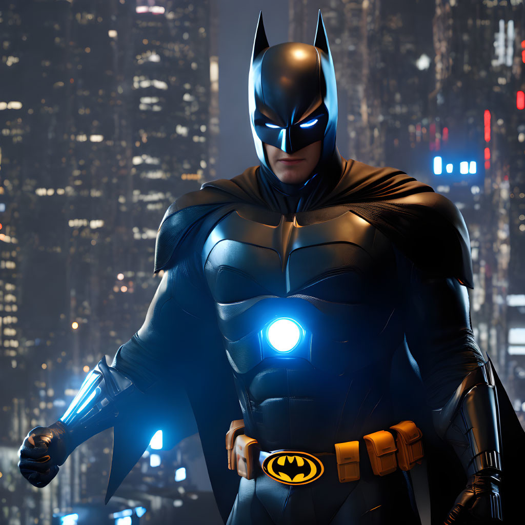 Glowing elements Batman illustration in advanced suit against city nightscape