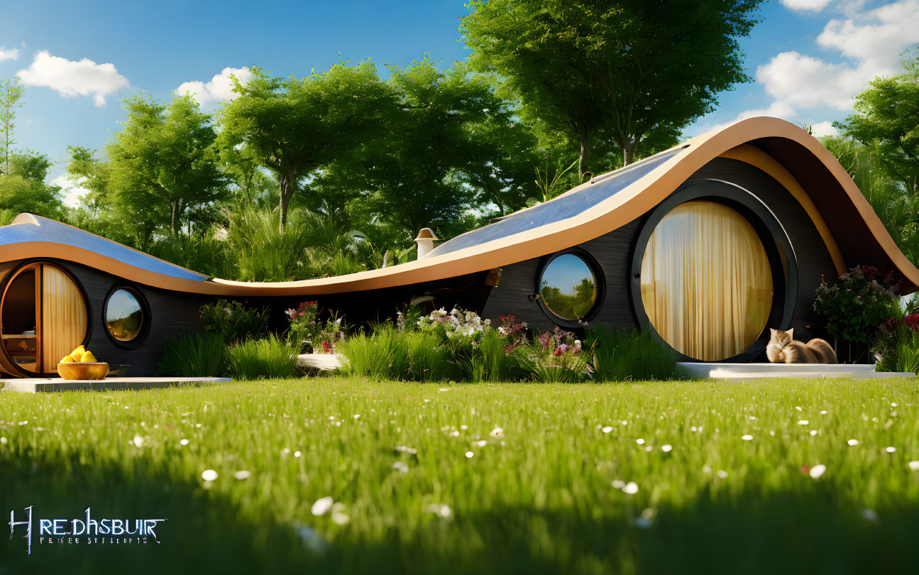 Futuristic eco-friendly house in lush garden with wavy design