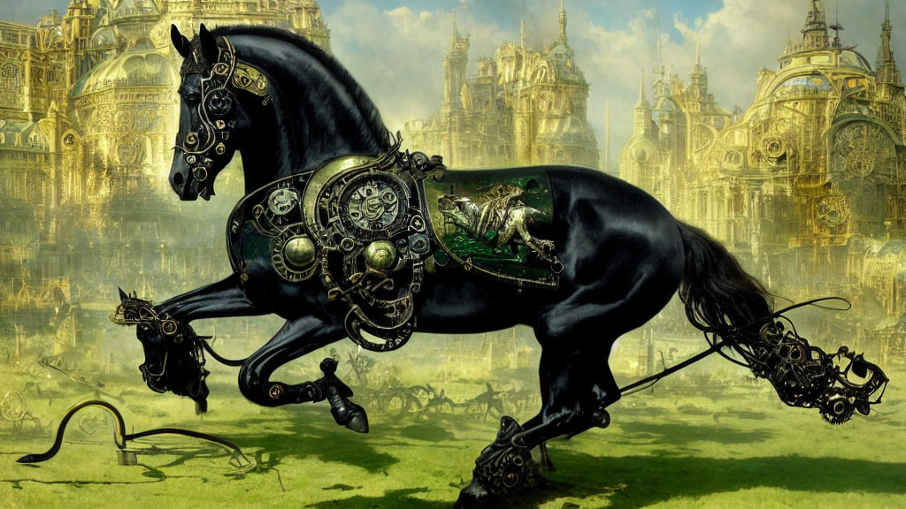 Steampunk-style mechanical horse with intricate gears gallops in front of ornate cityscape