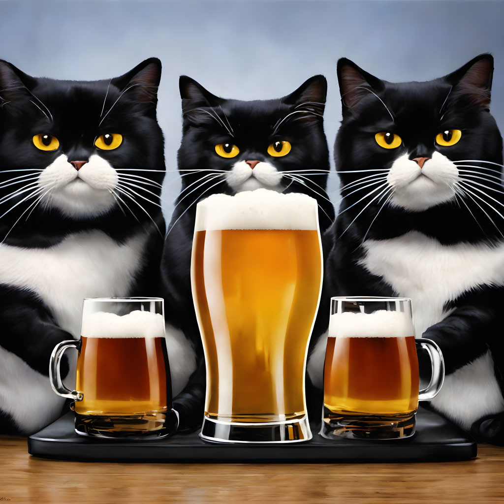 Three stern cartoon cats with beer glasses on tray against blue background