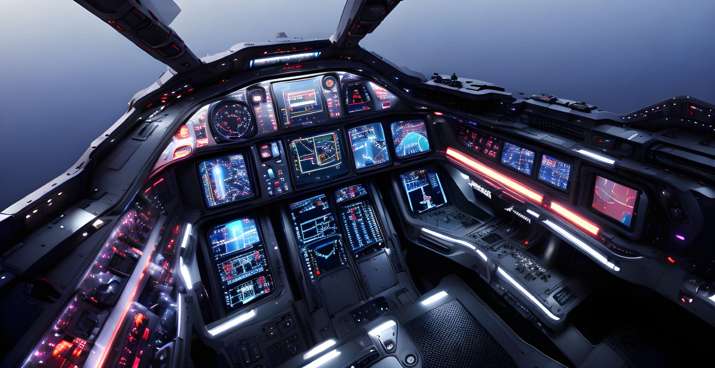 Futuristic spacecraft cockpit with illuminated controls in dark ambiance