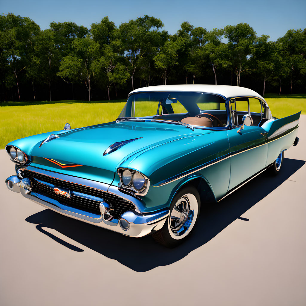 Vintage turquoise and white 1950s car with chrome accents on grass under clear sky