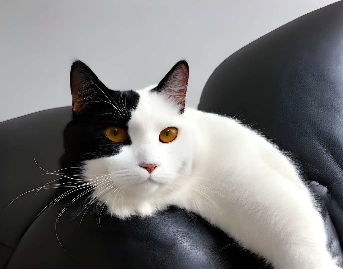 Black and White Cat with Amber Eyes on Black Leather Chair