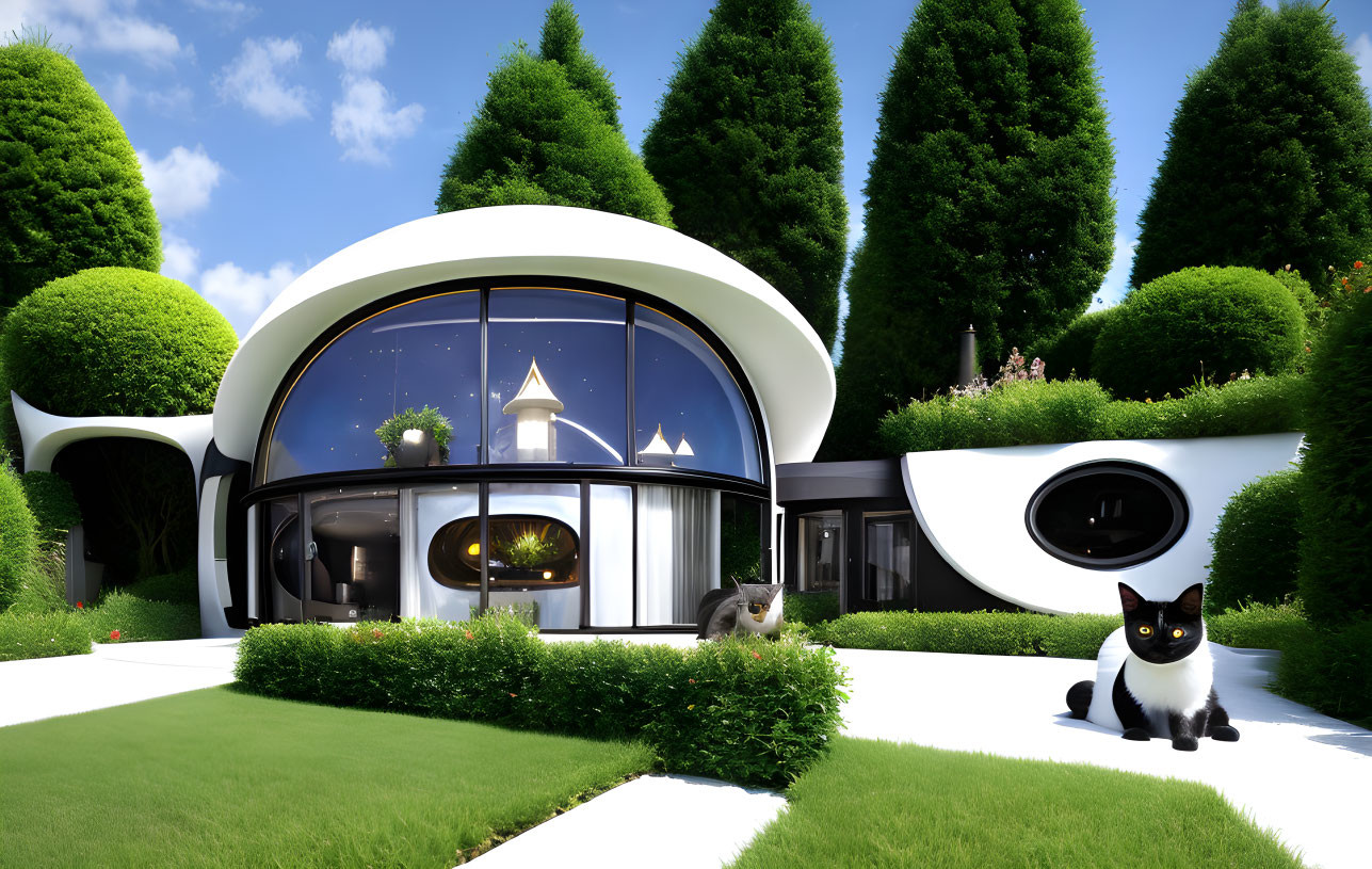 Futuristic house with large windows in green garden with cat