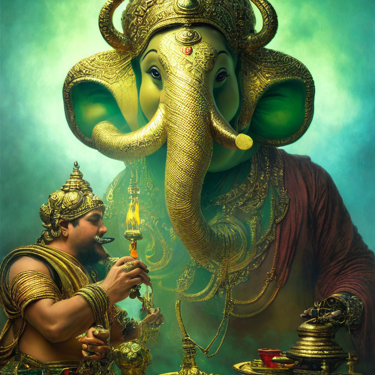 Traditional Indian attire person making offering to anthropomorphic elephant figure in mystical setting