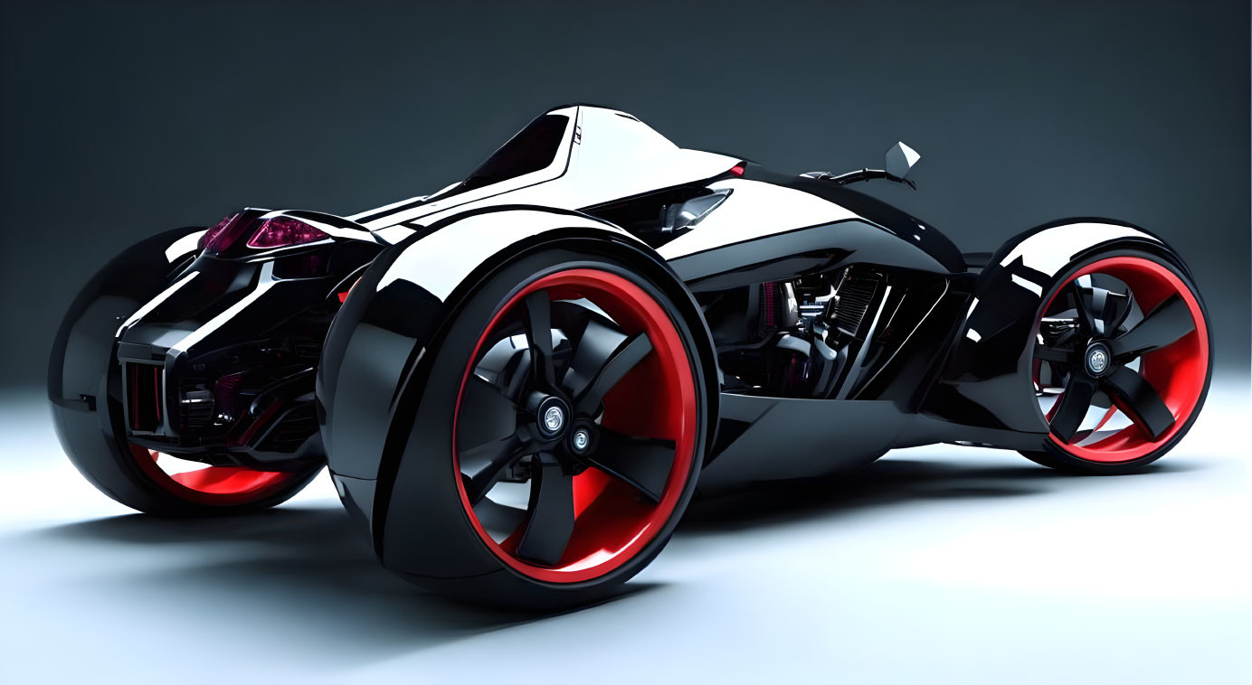 Futuristic white and black motorcycle with red-accented wheels