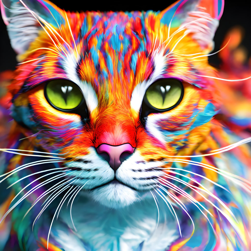 Colorful Psychedelic Cat Art with Green Eyes on Black Background