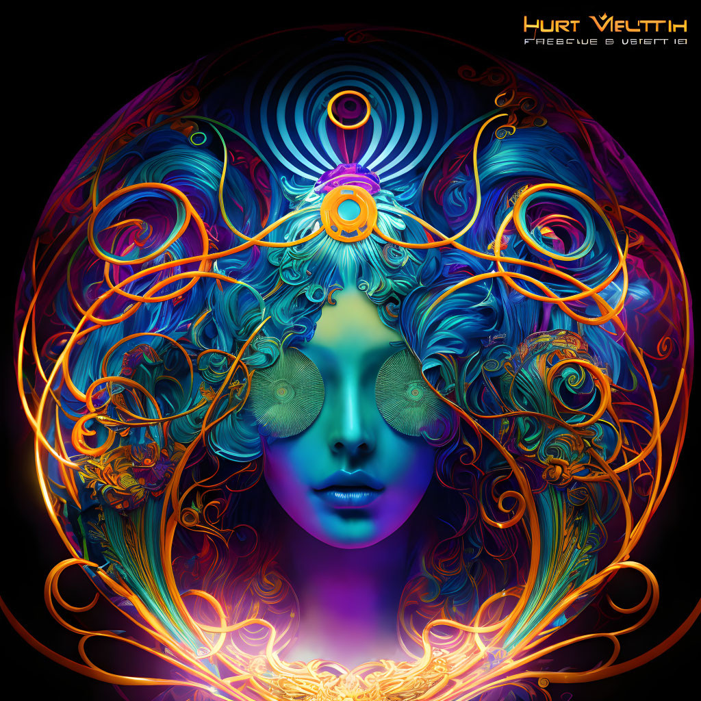 Colorful Psychedelic Female Face Artwork with Swirling Patterns