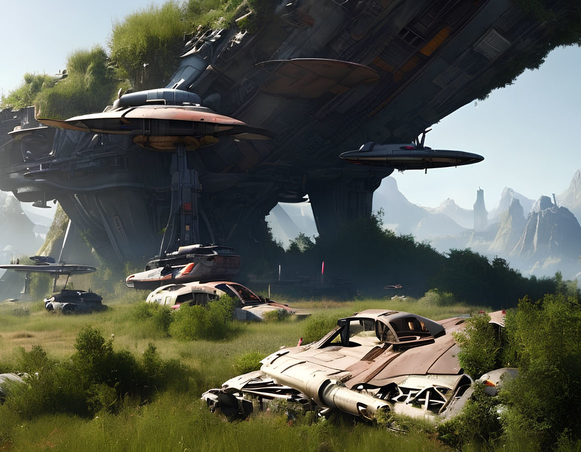 Futuristic crashed spaceship in serene overgrown landscape