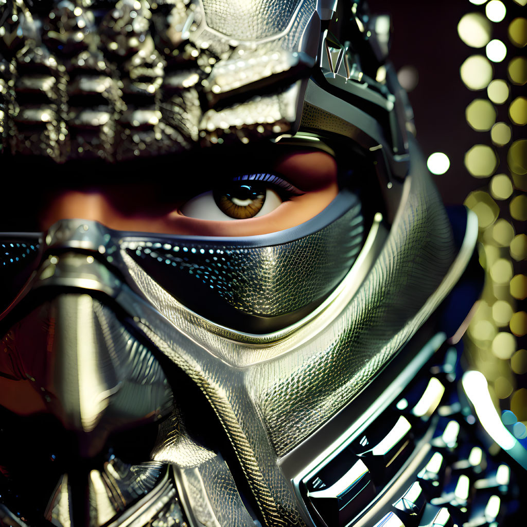 Detailed close-up of person in futuristic metallic helmet with intricate designs, highlighting one visible eye.