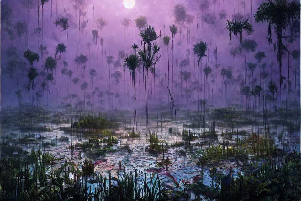 Twilight swamp scene with towering trees and lily pads under moonlight