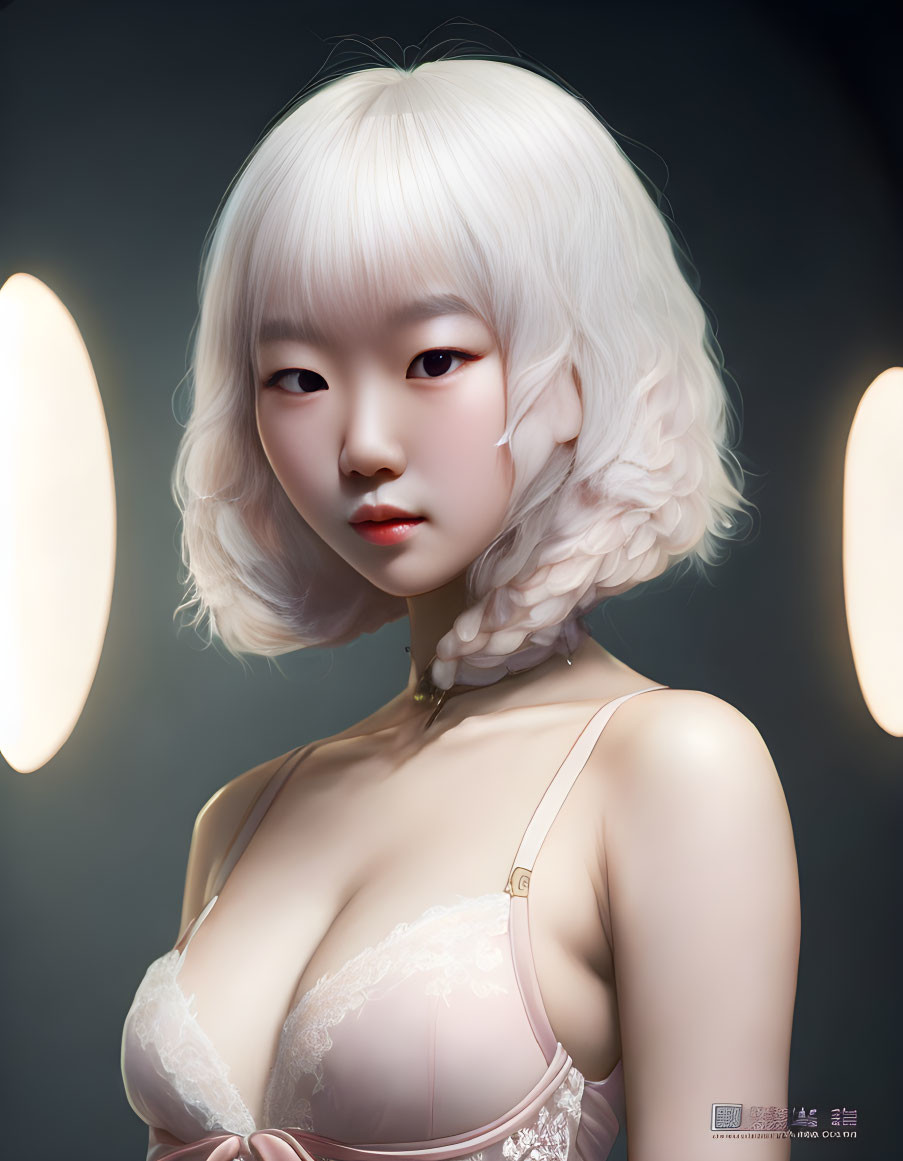 Digital artwork of woman with platinum blonde hair in salmon pink top